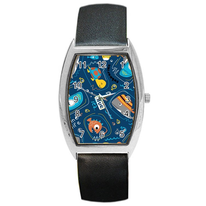 Seamless Pattern Vector Submarine With Sea Animals Cartoon Barrel Style Metal Watch