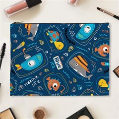 Seamless Pattern Vector Submarine With Sea Animals Cartoon Cosmetic Bag (XL)