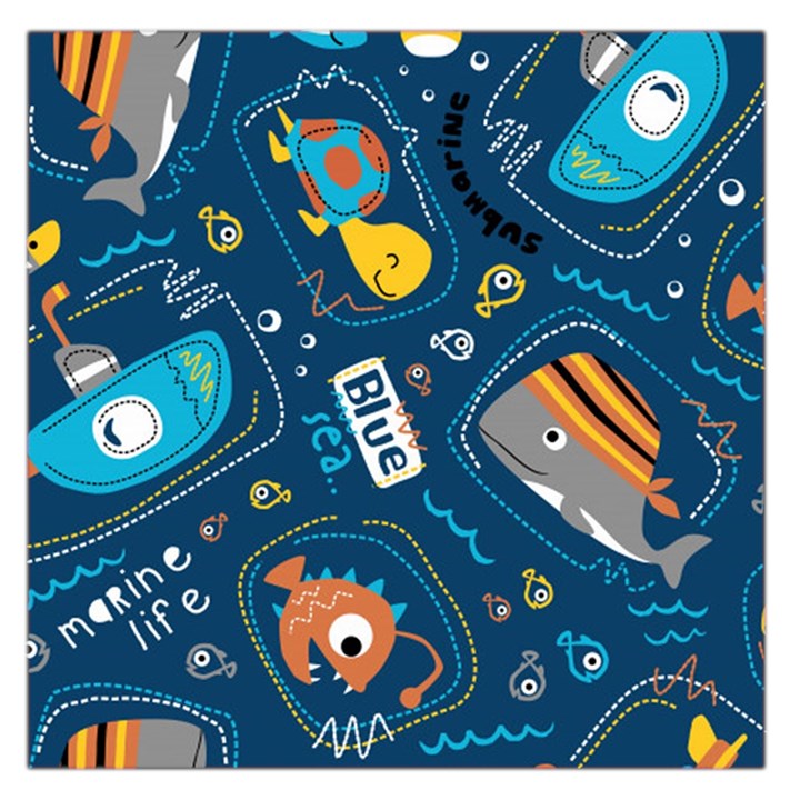 Seamless Pattern Vector Submarine With Sea Animals Cartoon Square Satin Scarf (36  x 36 )