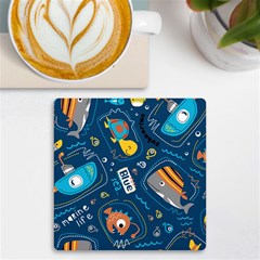 Seamless Pattern Vector Submarine With Sea Animals Cartoon UV Print Square Tile Coaster 