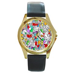 Graffity Characters Seamless Pattern Art Round Gold Metal Watch