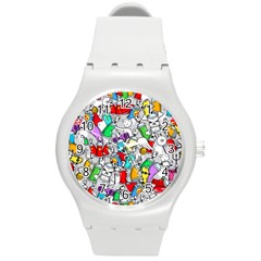 Graffity Characters Seamless Pattern Art Round Plastic Sport Watch (m) by Bedest