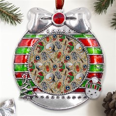 Tattoo Pattern Metal X mas Ribbon With Red Crystal Round Ornament by Bedest