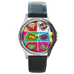 Pop Art Comic Vector Speech Cartoon Bubbles Popart Style With Humor Text Boom Bang Bubbling Expressi Round Metal Watch