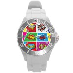 Pop Art Comic Vector Speech Cartoon Bubbles Popart Style With Humor Text Boom Bang Bubbling Expressi Round Plastic Sport Watch (L) Front