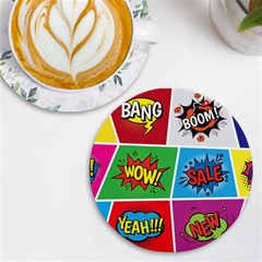 Pop Art Comic Vector Speech Cartoon Bubbles Popart Style With Humor Text Boom Bang Bubbling Expressi Uv Print Round Tile Coaster by Bedest