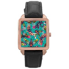 Vintage Colorful Insects Seamless Pattern Rose Gold Leather Watch  by Bedest