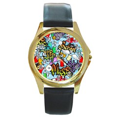 Graffiti Characters Seamless Patterns Round Gold Metal Watch by Bedest