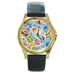 Travel Pattern Immigration Stamps Stickers With Historical Cultural Objects Travelling Visa Immigran Round Gold Metal Watch by Bedest