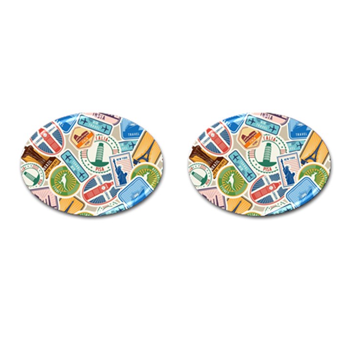 Travel Pattern Immigration Stamps Stickers With Historical Cultural Objects Travelling Visa Immigran Cufflinks (Oval)