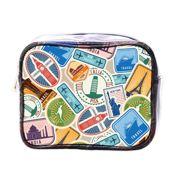 Travel Pattern Immigration Stamps Stickers With Historical Cultural Objects Travelling Visa Immigran Mini Toiletries Bag (One Side)