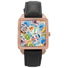 Travel Pattern Immigration Stamps Stickers With Historical Cultural Objects Travelling Visa Immigran Rose Gold Leather Watch  by Bedest