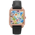 Travel Pattern Immigration Stamps Stickers With Historical Cultural Objects Travelling Visa Immigran Rose Gold Leather Watch  Front