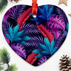 Background With Violet Blue Tropical Leaves Ornament (heart) by Bedest