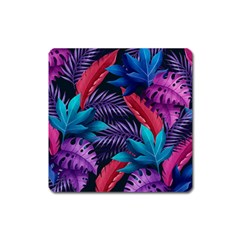 Background With Violet Blue Tropical Leaves Square Magnet by Bedest