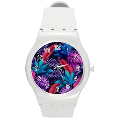 Background With Violet Blue Tropical Leaves Round Plastic Sport Watch (m)