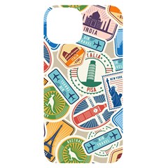 Travel Pattern Immigration Stamps Stickers With Historical Cultural Objects Travelling Visa Immigran Iphone 14 Black Uv Print Case by Bedest