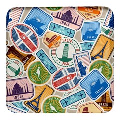 Travel Pattern Immigration Stamps Stickers With Historical Cultural Objects Travelling Visa Immigran Square Glass Fridge Magnet (4 Pack) by Bedest