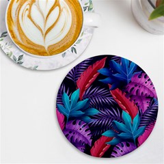 Background With Violet Blue Tropical Leaves Uv Print Round Tile Coaster by Bedest