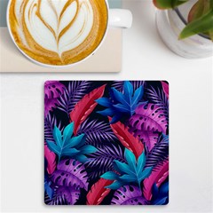 Background With Violet Blue Tropical Leaves Uv Print Square Tile Coaster  by Bedest