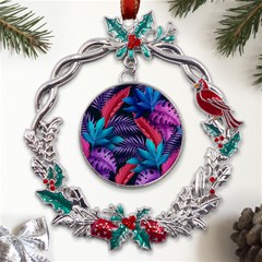 Background With Violet Blue Tropical Leaves Metal X mas Wreath Holly Leaf Ornament by Bedest