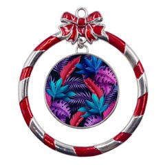 Background With Violet Blue Tropical Leaves Metal Red Ribbon Round Ornament by Bedest