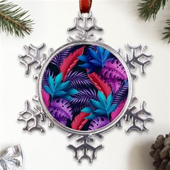 Background With Violet Blue Tropical Leaves Metal Large Snowflake Ornament by Bedest