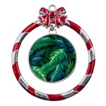 Tropical Green Leaves Background Metal Red Ribbon Round Ornament Front