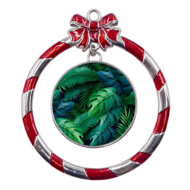 Tropical Green Leaves Background Metal Red Ribbon Round Ornament