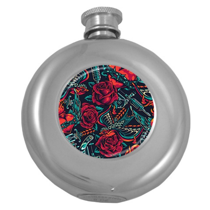 Vintage Flash Tattoos Designs Seamless Pattern Round Hip Flask (5 oz)