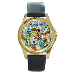 Comic Elements Colorful Seamless Pattern Round Gold Metal Watch by Bedest