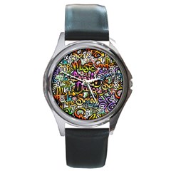 Graffiti Word Seamless Pattern Round Metal Watch by Bedest