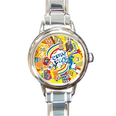 Colorful City Life Horizontal Seamless Pattern Urban City Round Italian Charm Watch by Bedest