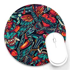 Vintage Tattoos Colorful Seamless Pattern Round Mousepad by Bedest