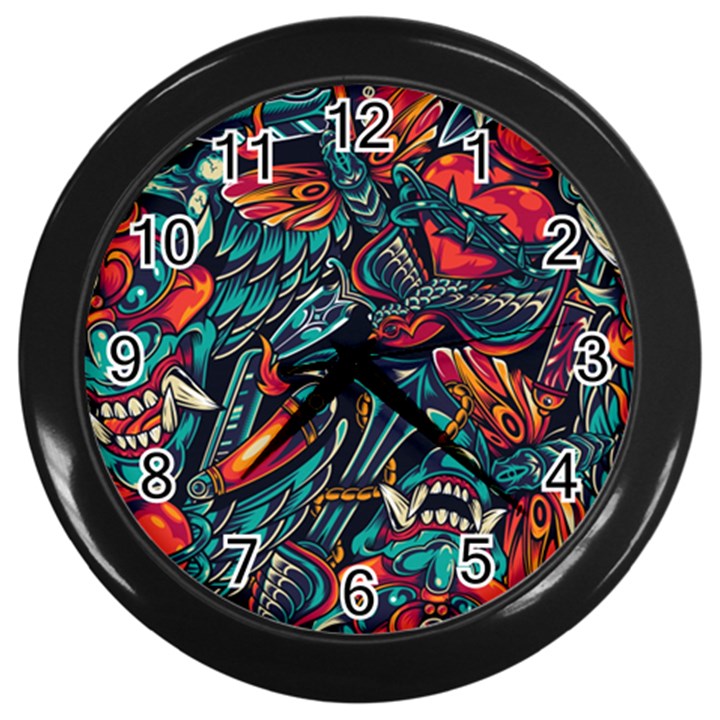 Vintage Tattoos Colorful Seamless Pattern Wall Clock (Black)