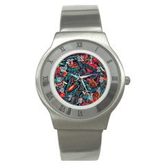 Vintage Tattoos Colorful Seamless Pattern Stainless Steel Watch by Bedest