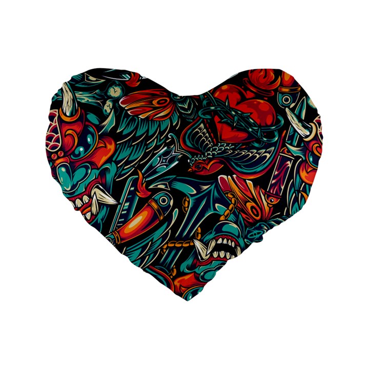 Vintage Tattoos Colorful Seamless Pattern Standard 16  Premium Flano Heart Shape Cushions