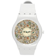 Seamless Pattern With Flower Birds Round Plastic Sport Watch (m)