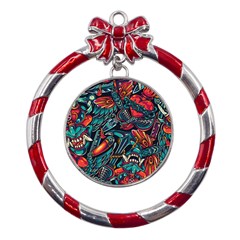 Vintage Tattoos Colorful Seamless Pattern Metal Red Ribbon Round Ornament