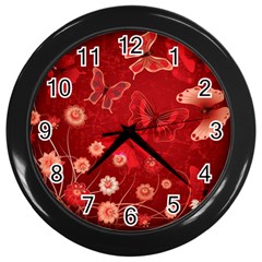 Four Red Butterflies With Flower Illustration Butterfly Flowers Wall Clock (black) by Pakjumat