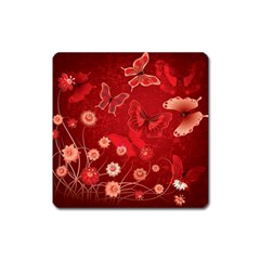 Four Red Butterflies With Flower Illustration Butterfly Flowers Square Magnet by Pakjumat