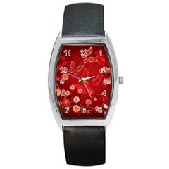 Four Red Butterflies With Flower Illustration Butterfly Flowers Barrel Style Metal Watch by Pakjumat