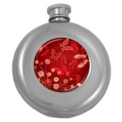 Four Red Butterflies With Flower Illustration Butterfly Flowers Round Hip Flask (5 Oz) by Pakjumat