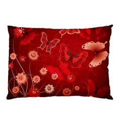 Four Red Butterflies With Flower Illustration Butterfly Flowers Pillow Case by Pakjumat