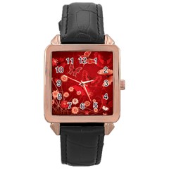 Four Red Butterflies With Flower Illustration Butterfly Flowers Rose Gold Leather Watch  by Pakjumat