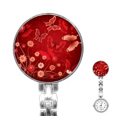 Four Red Butterflies With Flower Illustration Butterfly Flowers Stainless Steel Nurses Watch by Pakjumat