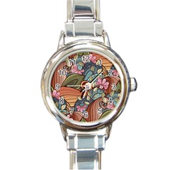 Multicolored Flower Decor Flowers Patterns Leaves Colorful Round Italian Charm Watch by Pakjumat