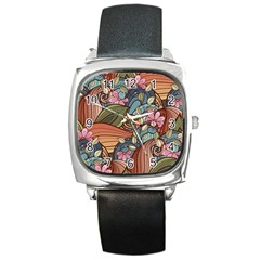 Multicolored Flower Decor Flowers Patterns Leaves Colorful Square Metal Watch by Pakjumat