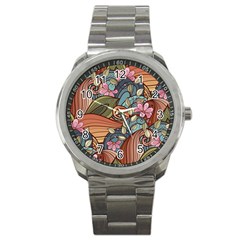 Multicolored Flower Decor Flowers Patterns Leaves Colorful Sport Metal Watch by Pakjumat