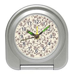 White And Brown Floral Wallpaper Flowers Background Pattern Travel Alarm Clock by Pakjumat